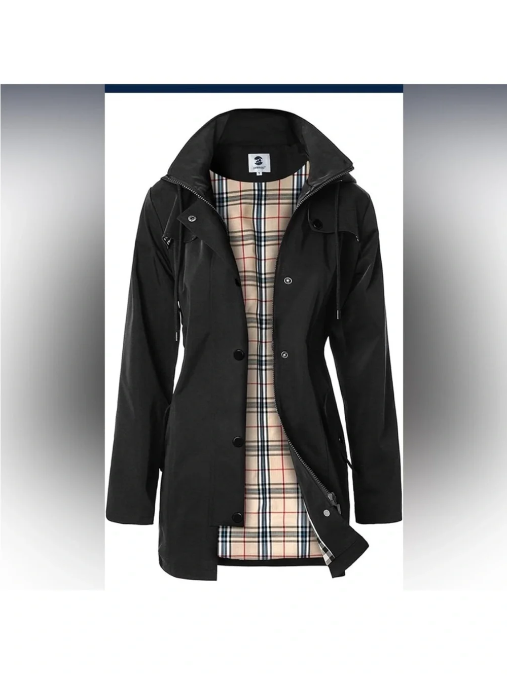 Saphirose Women’s Black Hooded Rain Coat with Plaid Lining Size XL